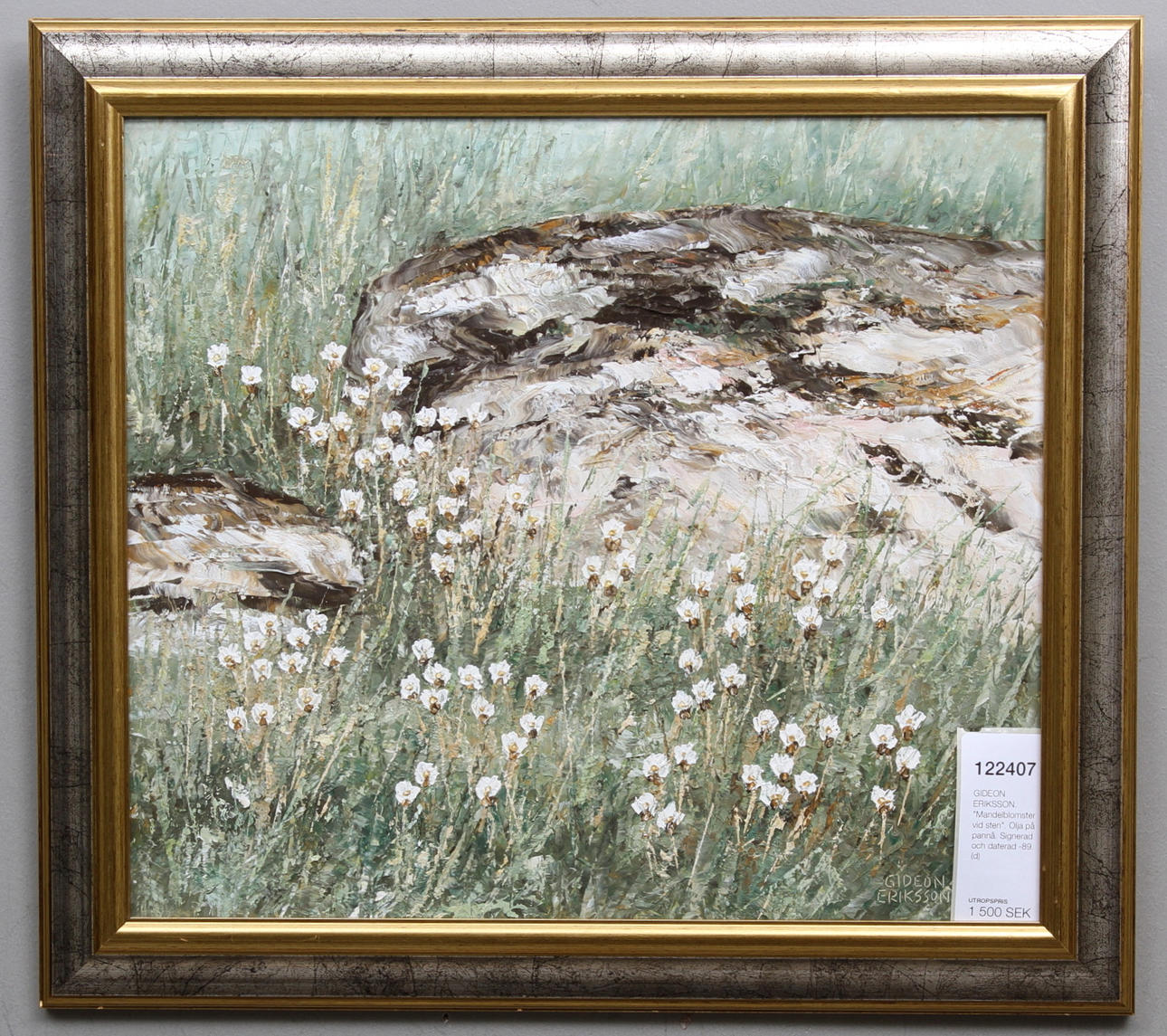 GIDEON ERIKSSON. "Mandelblomster vid sten". Olja på pannå. Signerad och daterad -89.