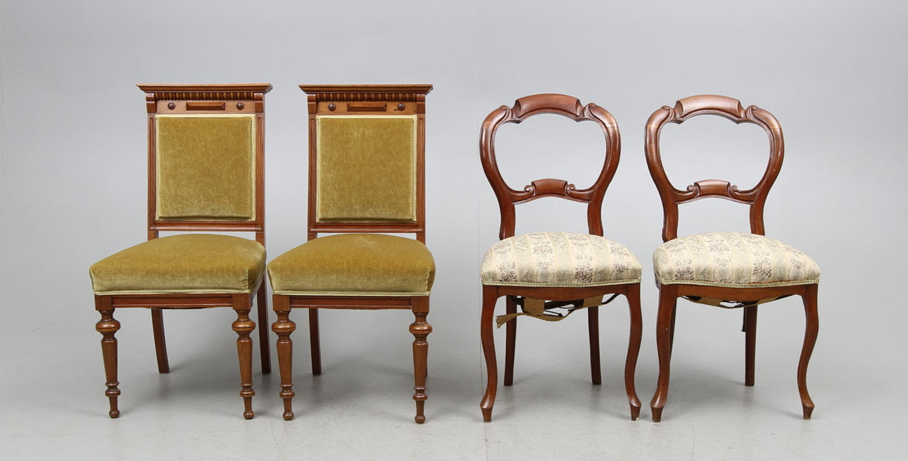 STOLAR, två par, nyrokoko respektive nyrenässans, sent 1800-tal.