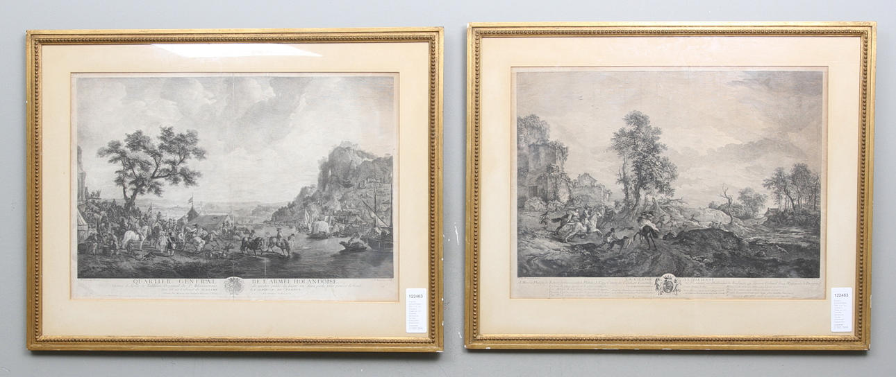 PHILIPS WOUVERMAN. EFTER. 2 st. "La Chasse a l'Italienne" och "Quartier General de l'armée Holandoise". Kopparstick. Daterade 1735 samt 1739.