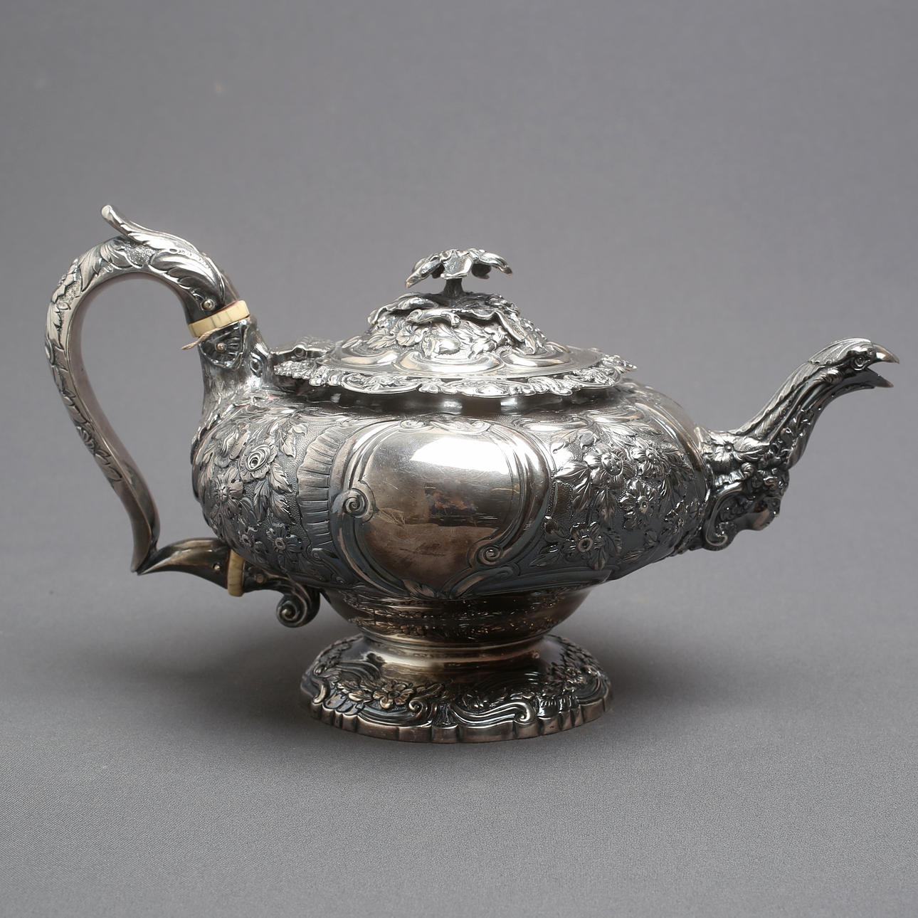 TEAPOT, sterling silver, rococo style, indistinct master mark possibly Joseph Angell I, London, England 1819.