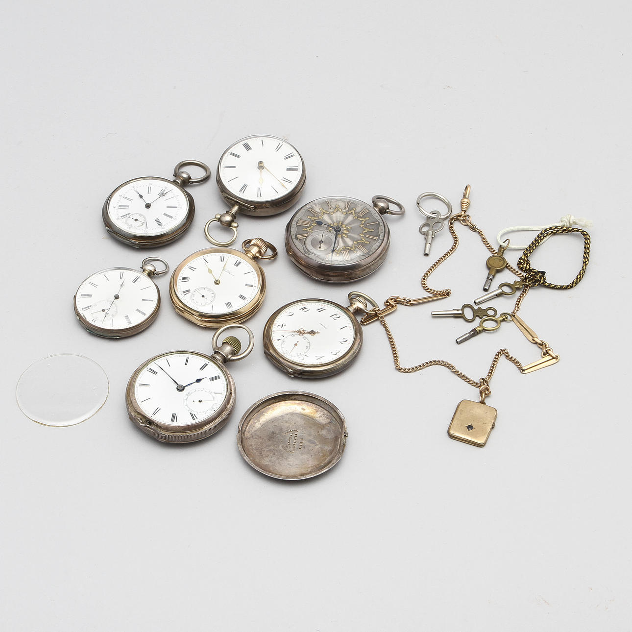 PARTI FICKUR, 7 st, samt 4 klocknycklar, 1800/1900-tal.