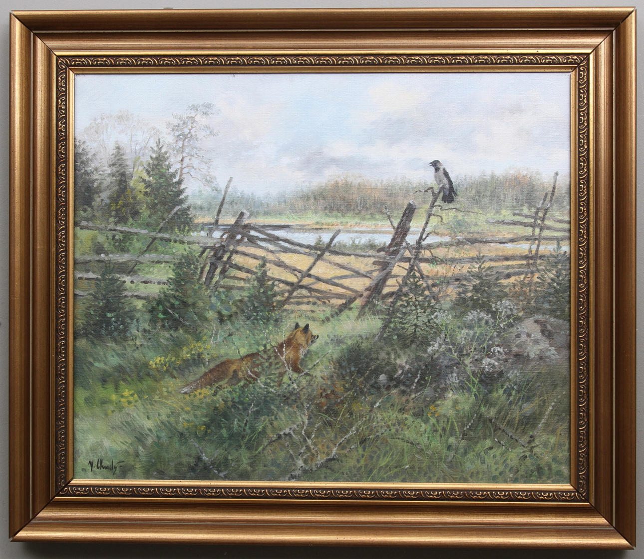 JAROSLAW CHUDY. Skogslandskap med gärdesgård, räv och kråka. Olja på duk. Signerad J.Chudy.