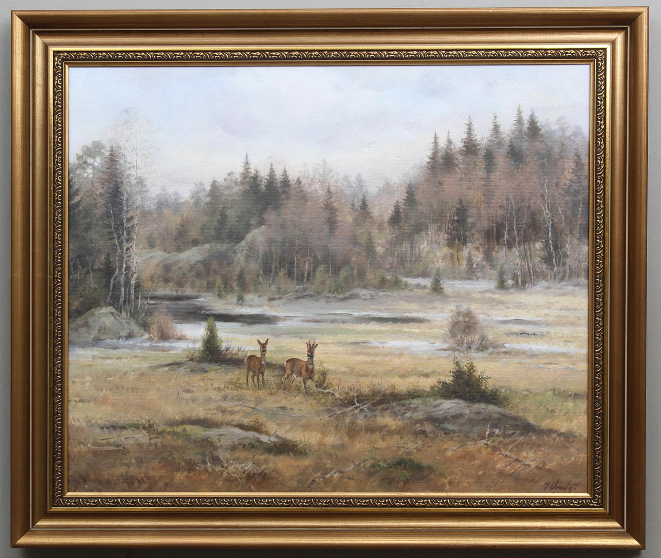JAROSLAW CHUDY. Skogslandskap med rådjur. Olja på duk. Signerad J.Chudy.