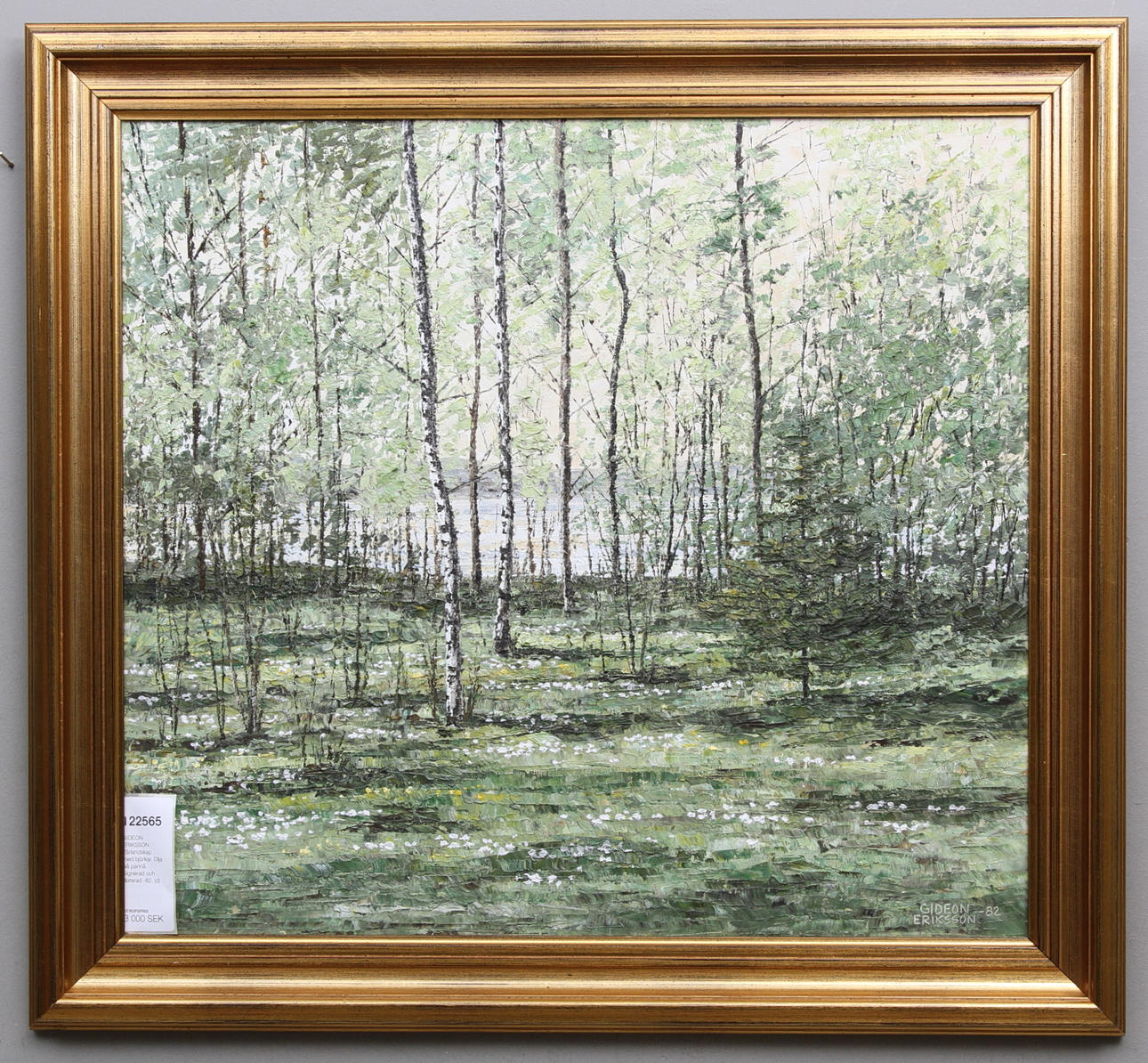 GIDEON ERIKSSON. Vårlandskap med björkar. Olja på pannå. Signerad och daterad -82.