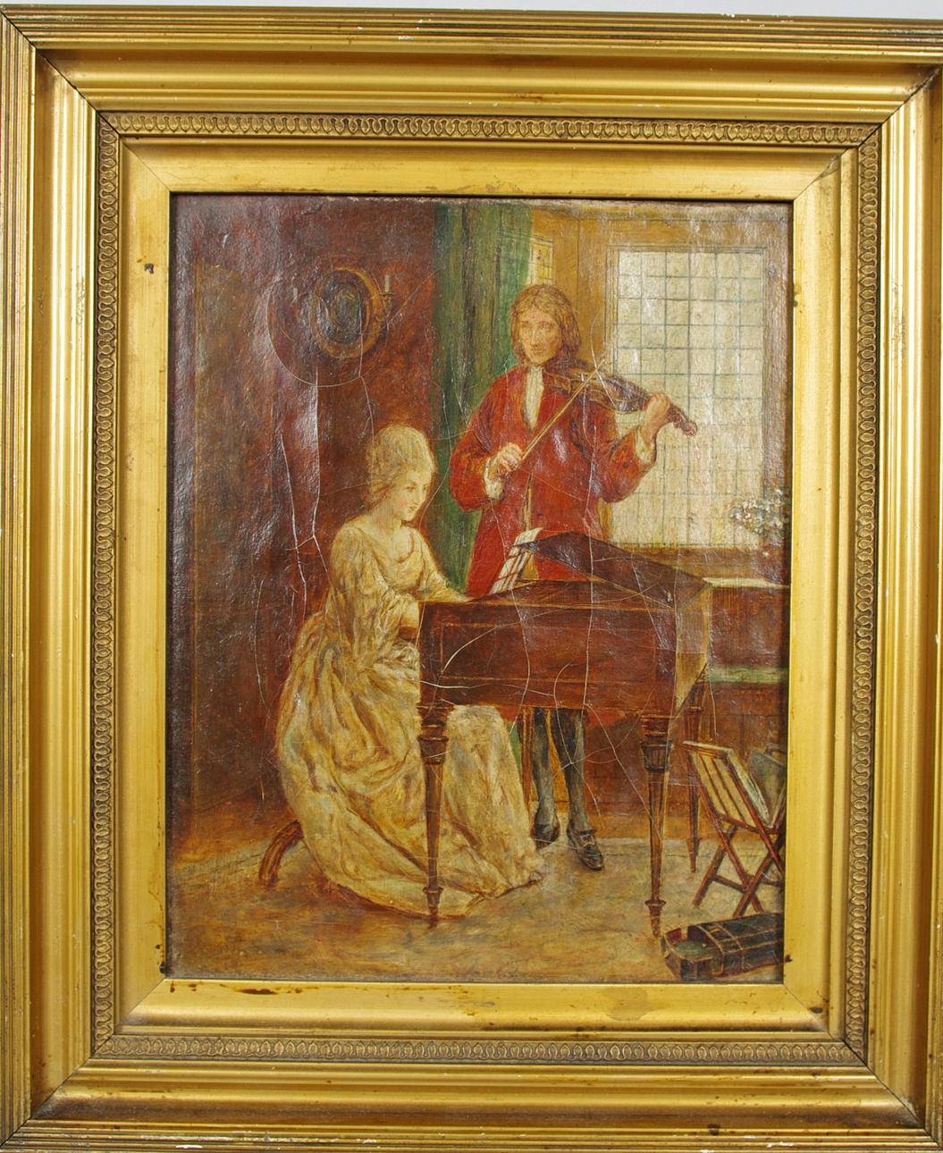 OKÄND KONSTNÄR. Musicerande rokokopar, äldre oljemålning.