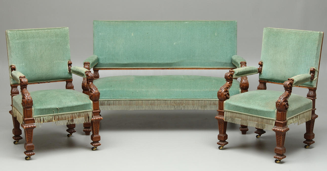 SOFFA, FÅTÖLJER, 1 par, nyrenässans, 1800-tal.