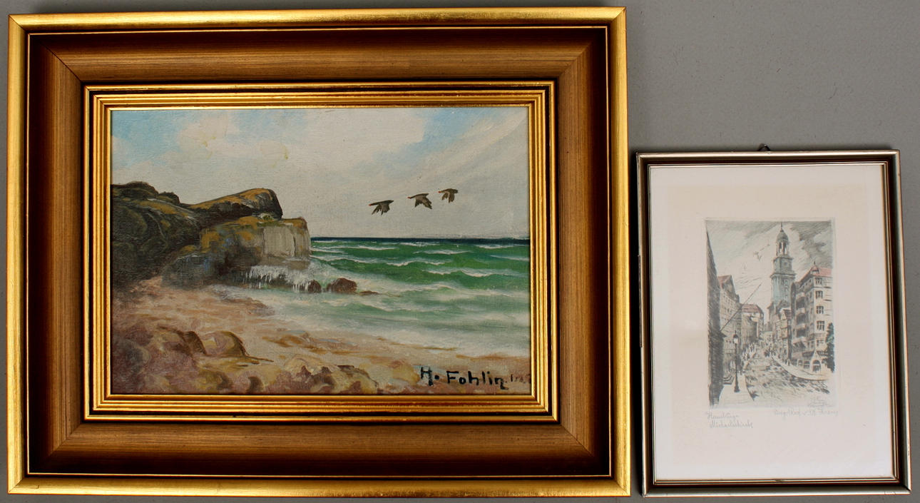 TAVLOR, 2 st: olja på duk, signerad H.Fohlin 1925 + grafiskt blad.