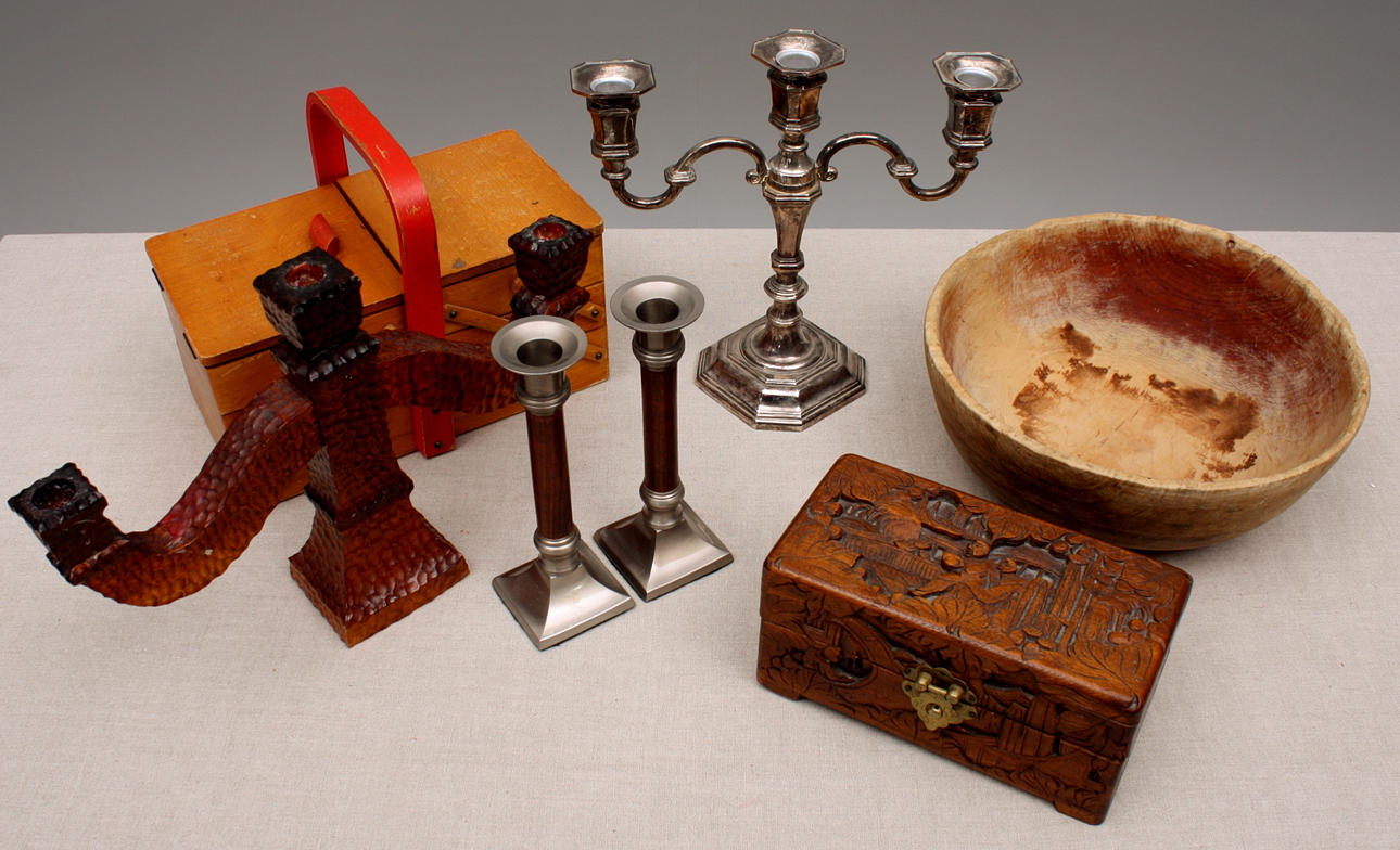 TRÄFÖREMÅL 4 st + LJUSSTAKAR + KANDELABER.