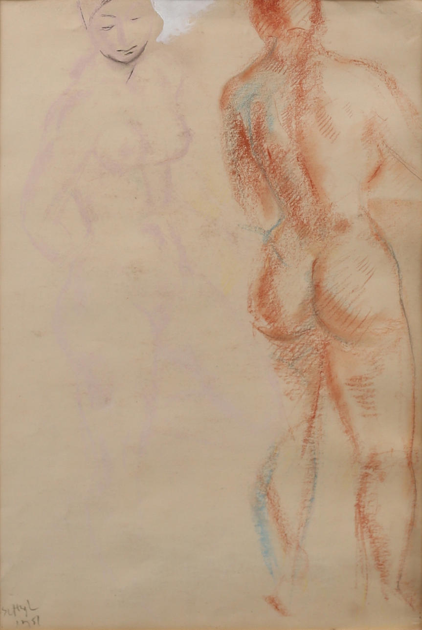 JULES SCHYL. Nude models, red chalk, signed and dated, Schyl 1951.
