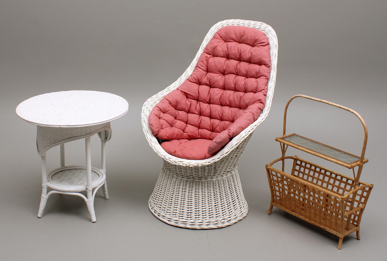 KORGSTOL + KORGBORD + TIDNINGSSTÄLL, rotting.