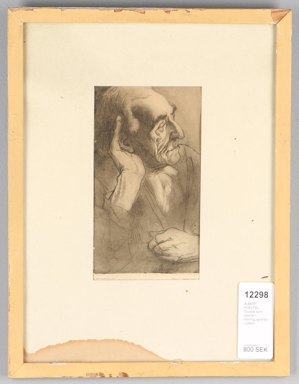 ALBERT EDELFEL. "Gubbe som lyssnar", etsning, ignerad i plåten.