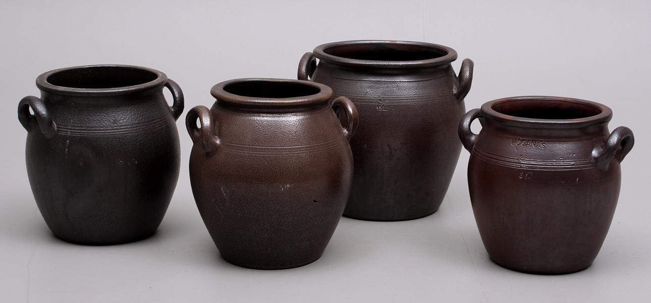 KRUKOR med hänklar, 4 st, keramik, Höganäs, saltglaserade.