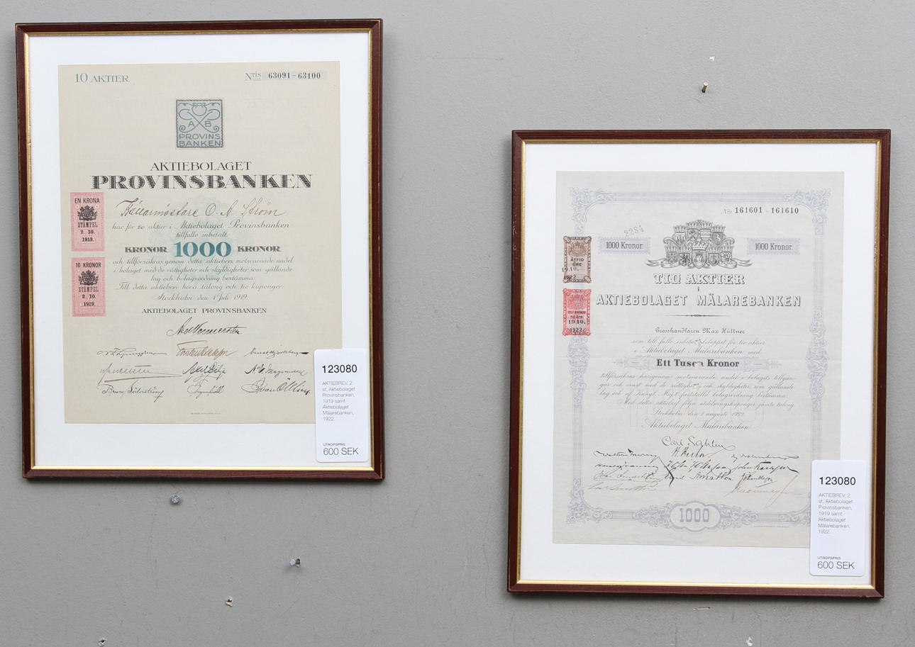 AKTIEBREV, 2 st, Aktiebolaget Provinsbanken, 1919 samt Aktiebolaget Mälarebanken, 1922.