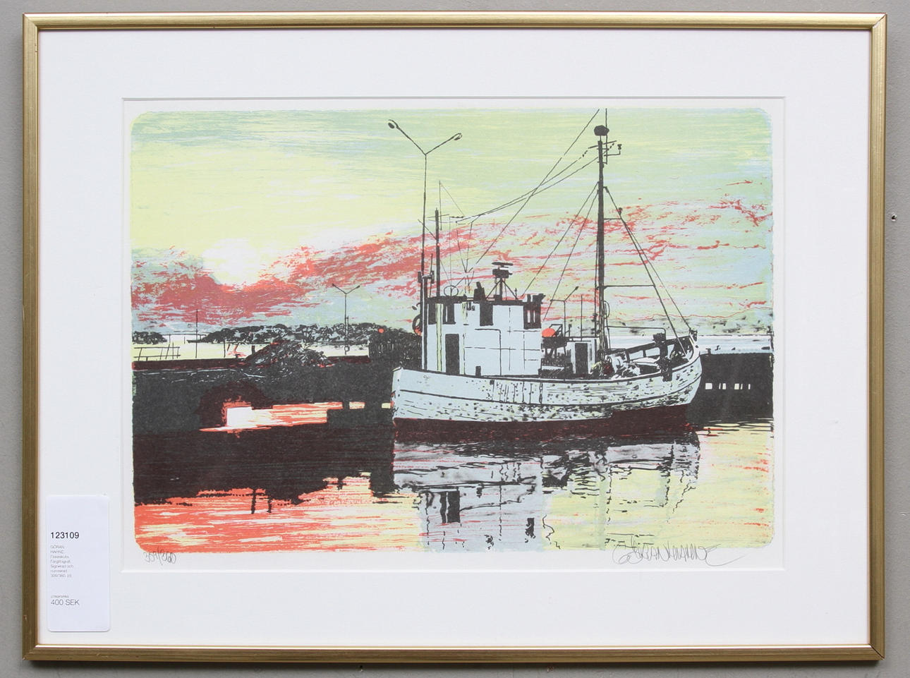 GÖRAN HAHNE. Fiskeskuta. Färglitografi. Signerad och numrerad 309/360.