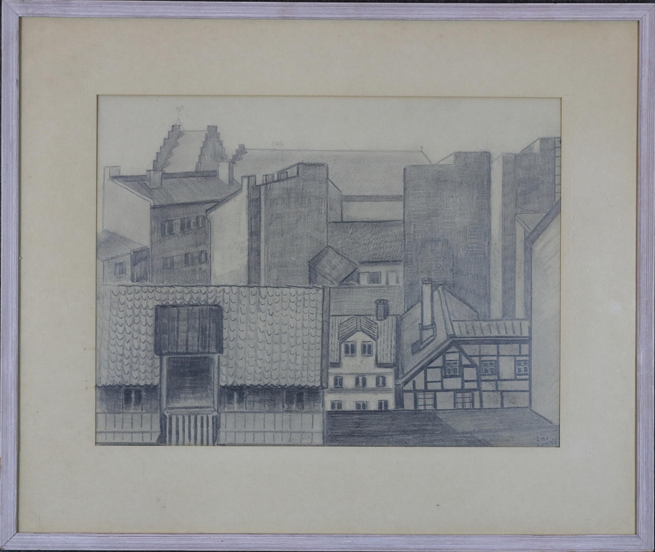 ALF LINDBOM. Teckning, hus, signerad-62.