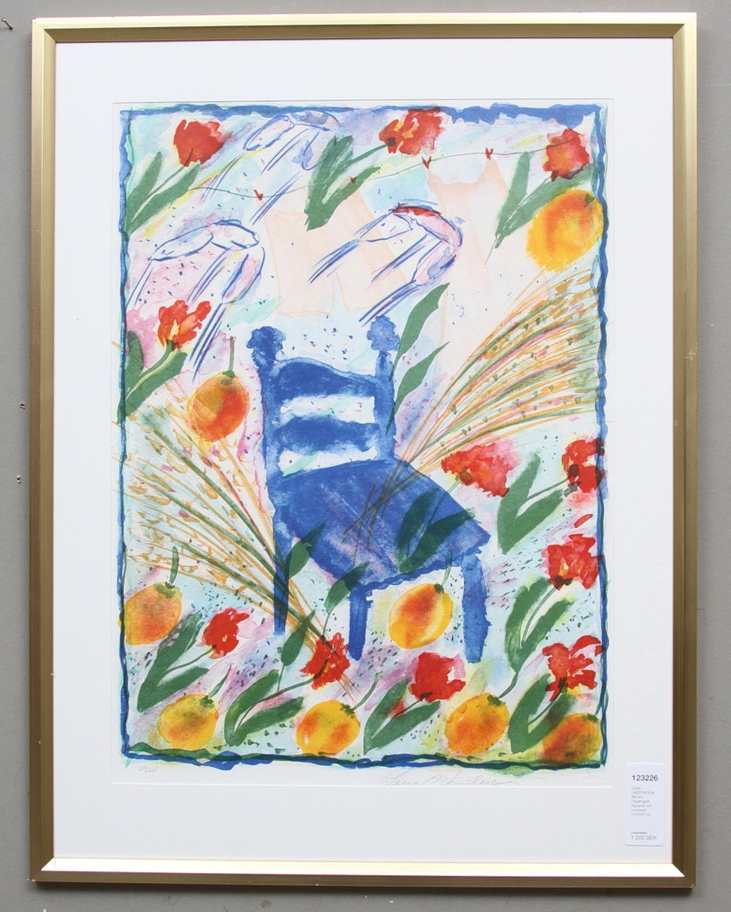 LENA LINDERHOLM. Blå stol. Färglitografi. Signerad och numrerad 210/225.