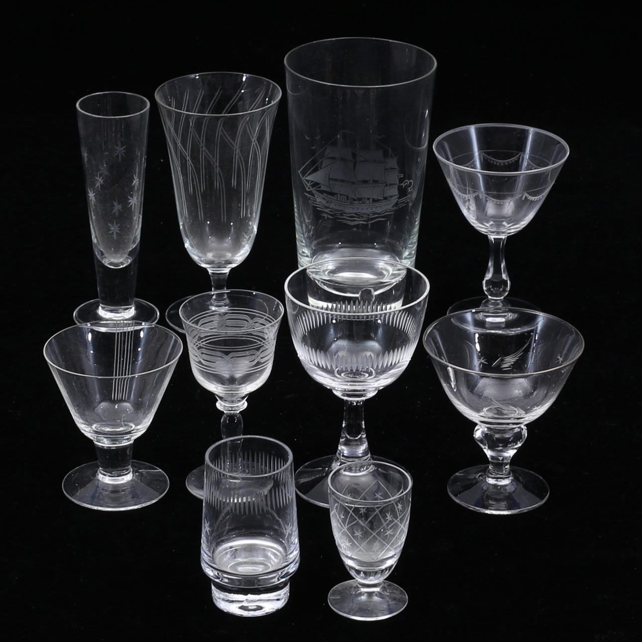 TABLEWARE PARTS, 52 pcs, glass, etched, different models.