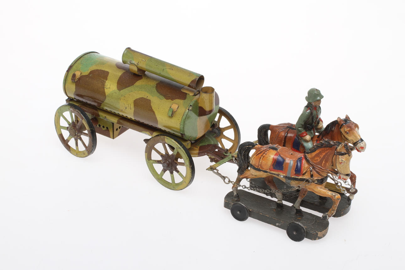 HAUSSER / ELASTOLIN hästanspänd bagerivagn, vagn med 2 draghästar med en ryttare.