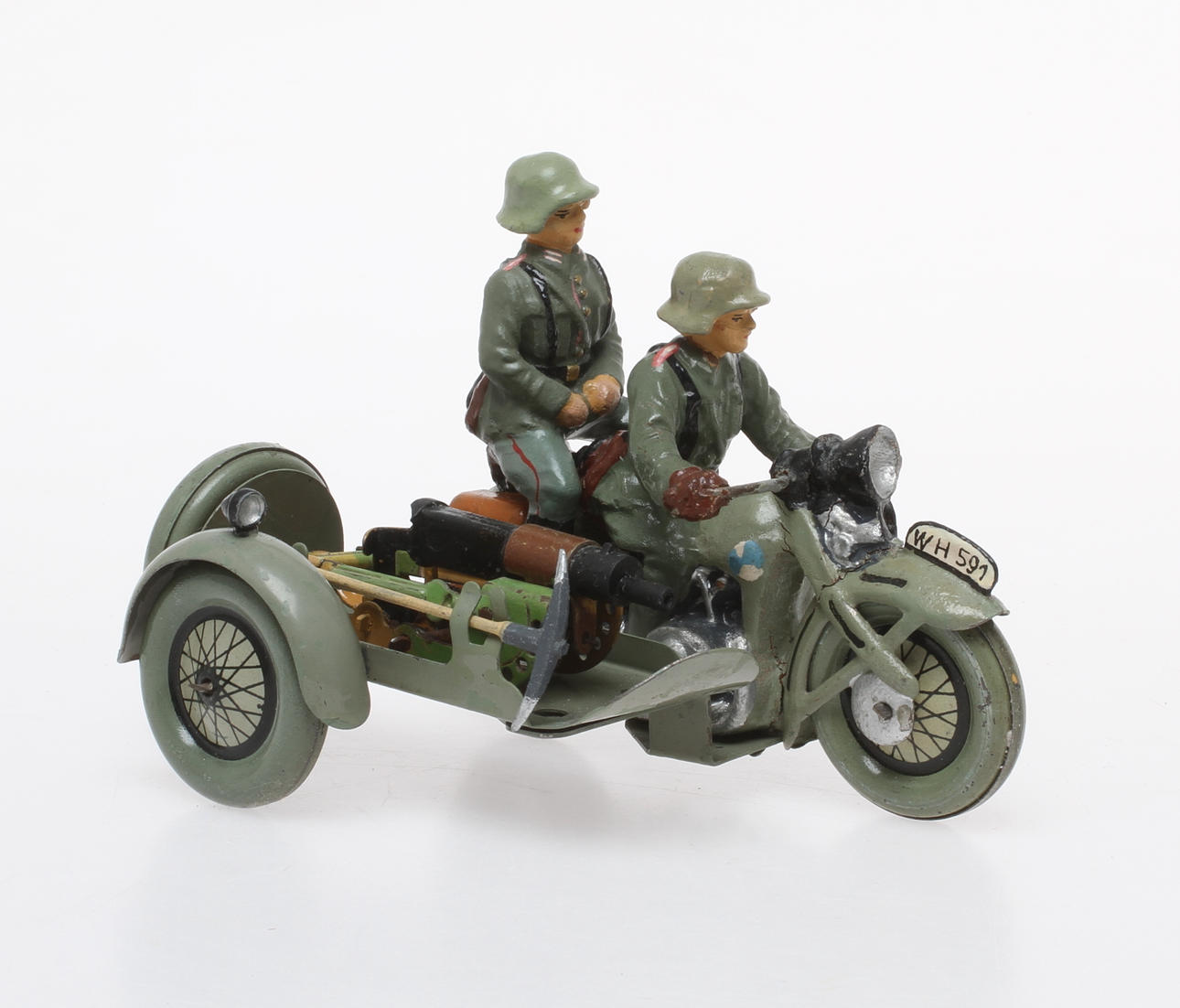 HAUSSER / ELASTOLIN MOTORCYKEL med kulspruta på sidovagn . Passagerare.