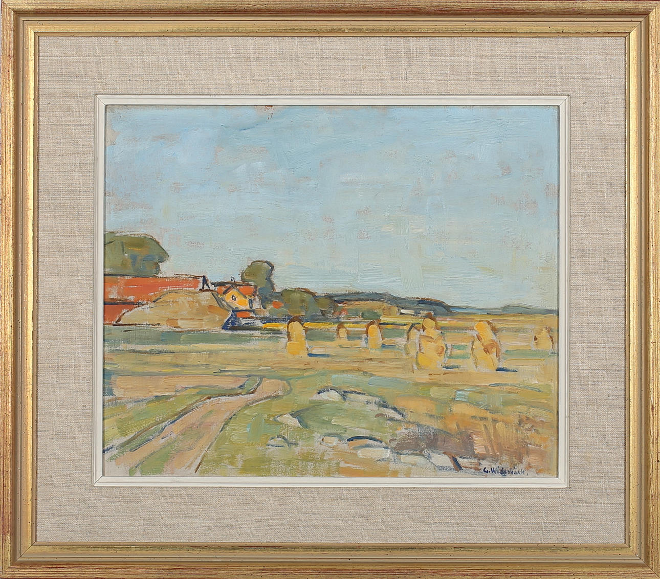 GUSTEN WIDEBÄCK. "Sensommar på Uppsalaslätten". Olja på pannå. Signerad G Widebäck.