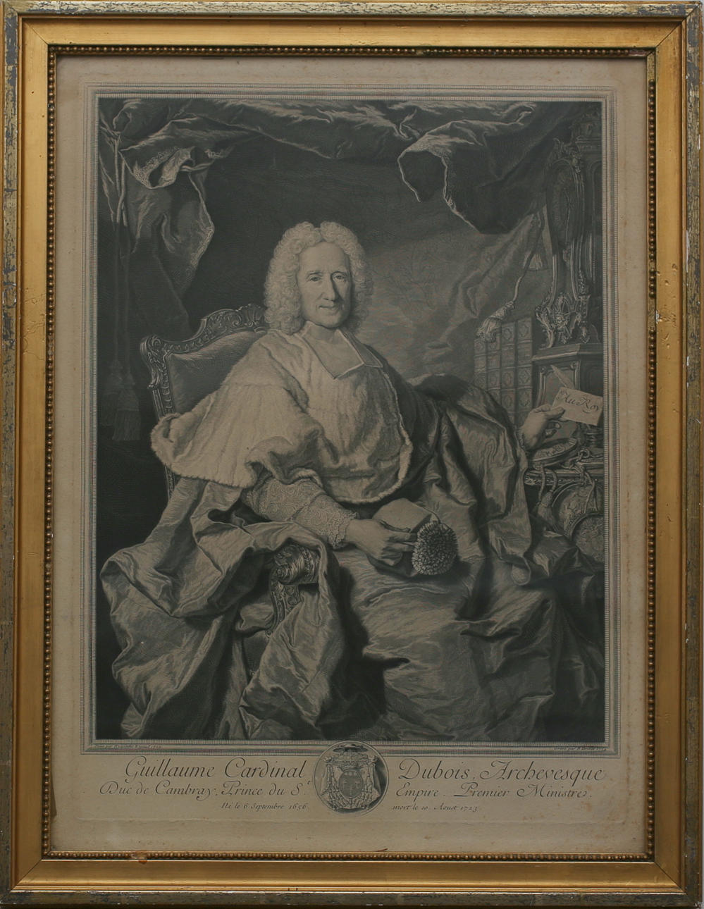 PIERRE DREVET (1664-1738). Cardinal Dubois Archevesque. Kopparstick. Signerad i tryck P Drevert och daterad 1724.