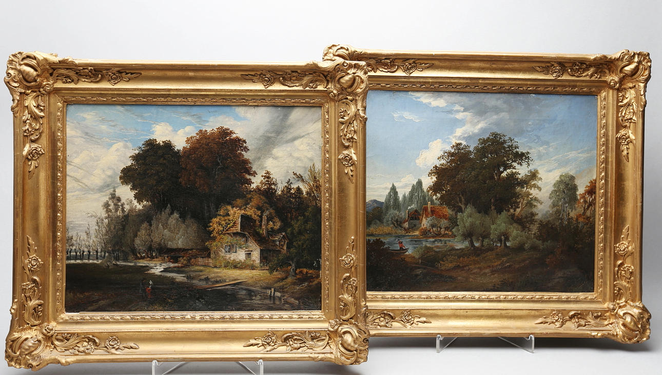 BIEDERMEIERMALER. Räknare: Trädbevuxen sjö med roddare och gård eller landskap med bäck vid en gård. Runt 1850. olja/duk.