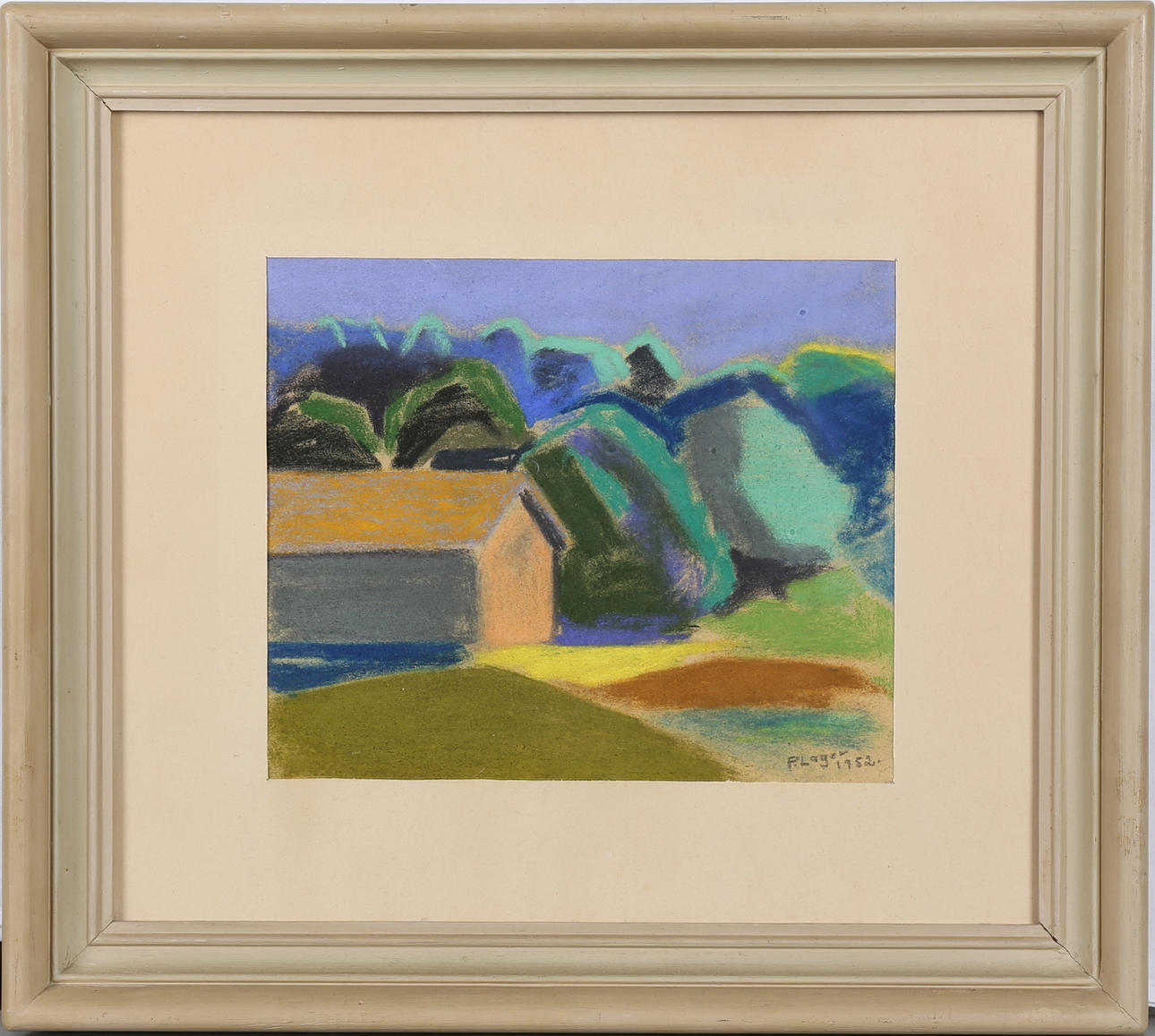 PAUL LAGER. Landskap med hus. Pastell, signerad och daterad 1952.