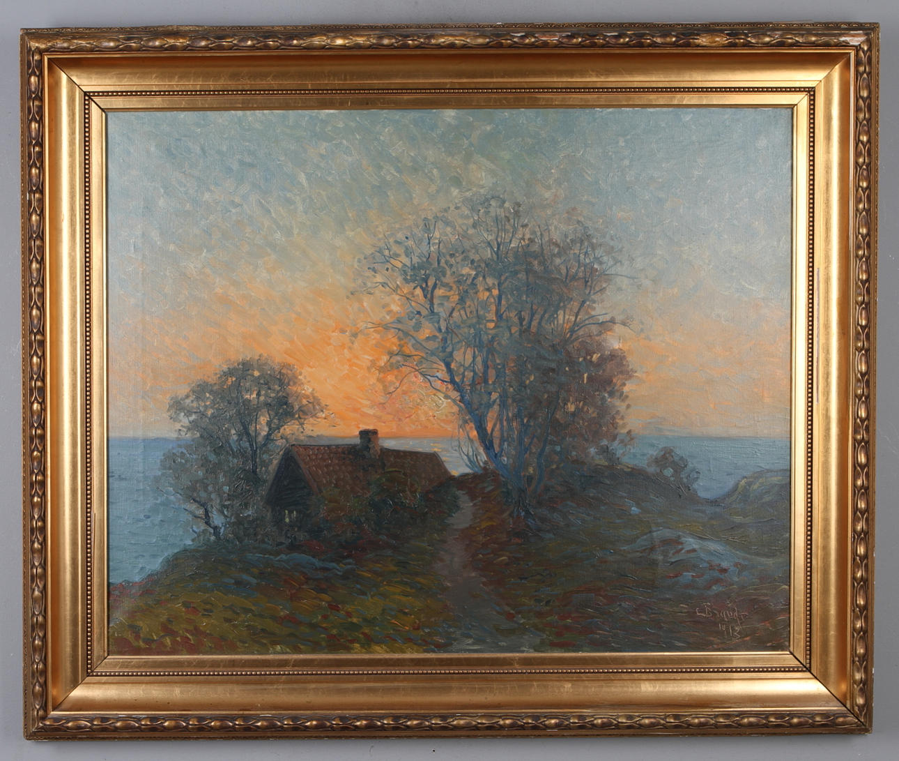 CARL BRANDT. Hus i solnedgång, olja på duk, signerad och daterad -1913.