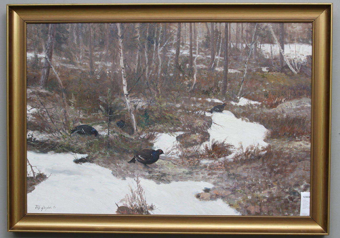 OKÄND KONSTNÄR. Orrar på mosse. Olja på duk. Signerad V.Ljungdahl samt daterad -51.