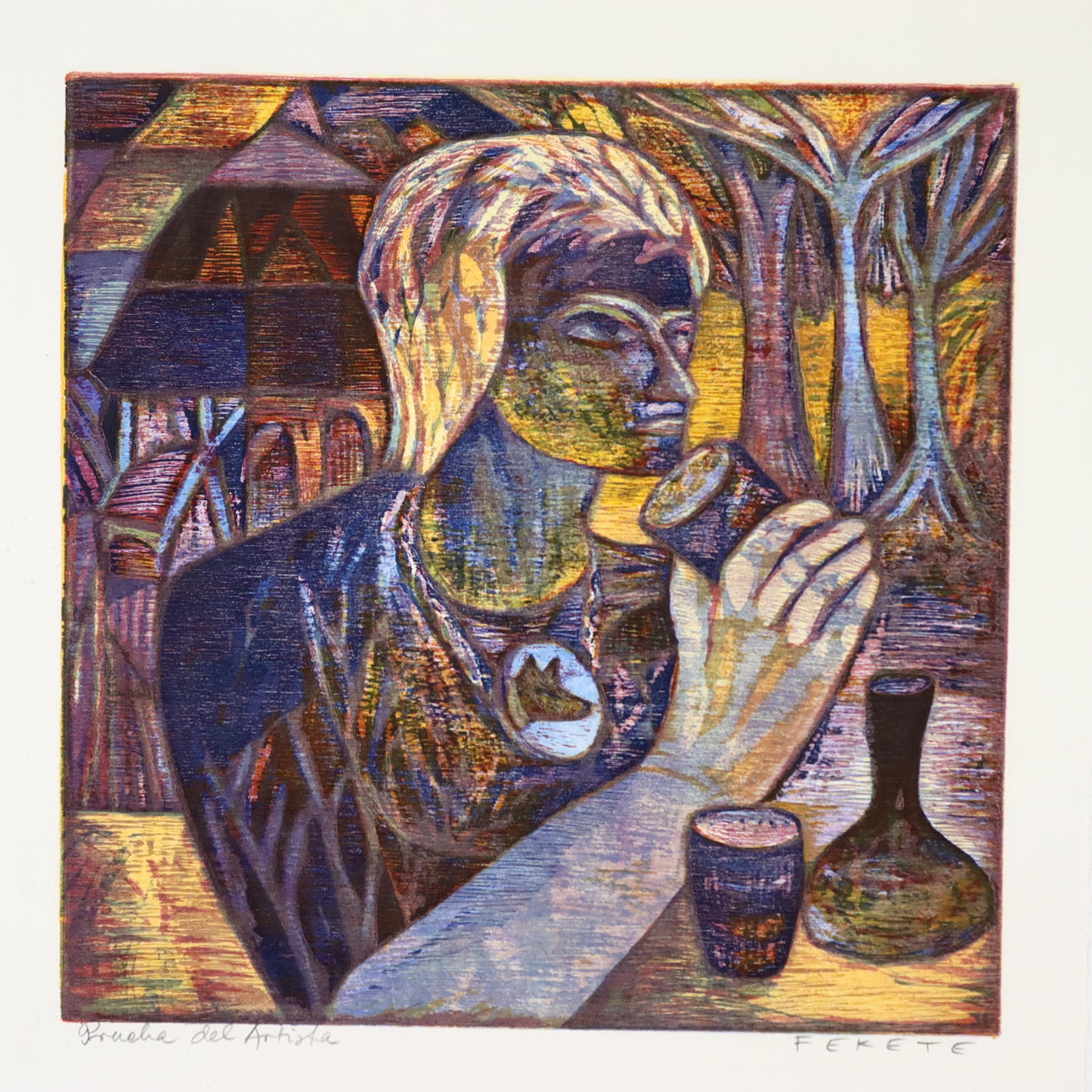 FEKETE, ESTEBAN. signierter Farbholzschnitt.