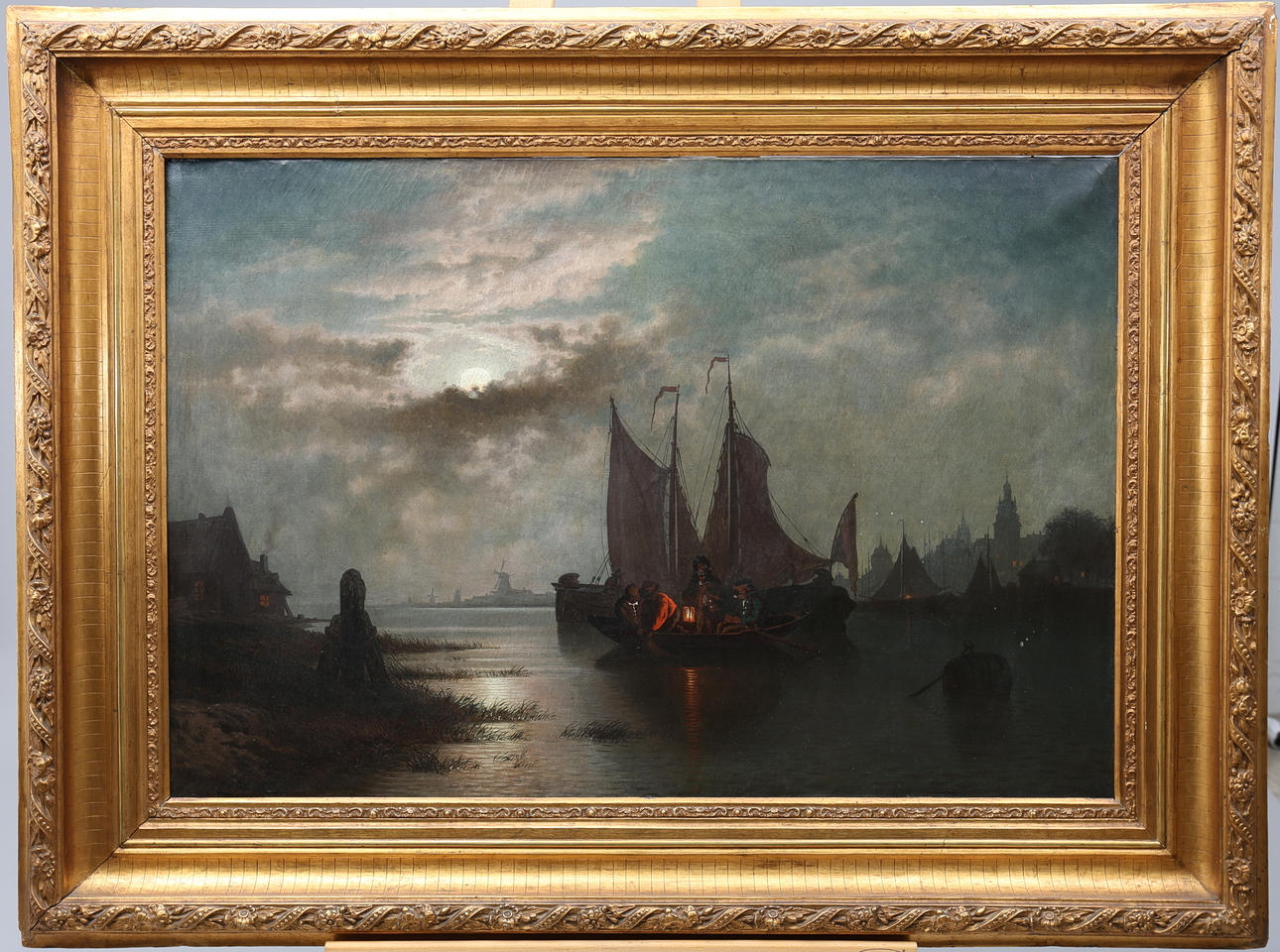 FELIX KREUTZER (1835 DÜSSELDORF - 1876 DÜSSELDORF). Holländska fiskare i månskenet. Olja/duk, signerad nedre vänster.