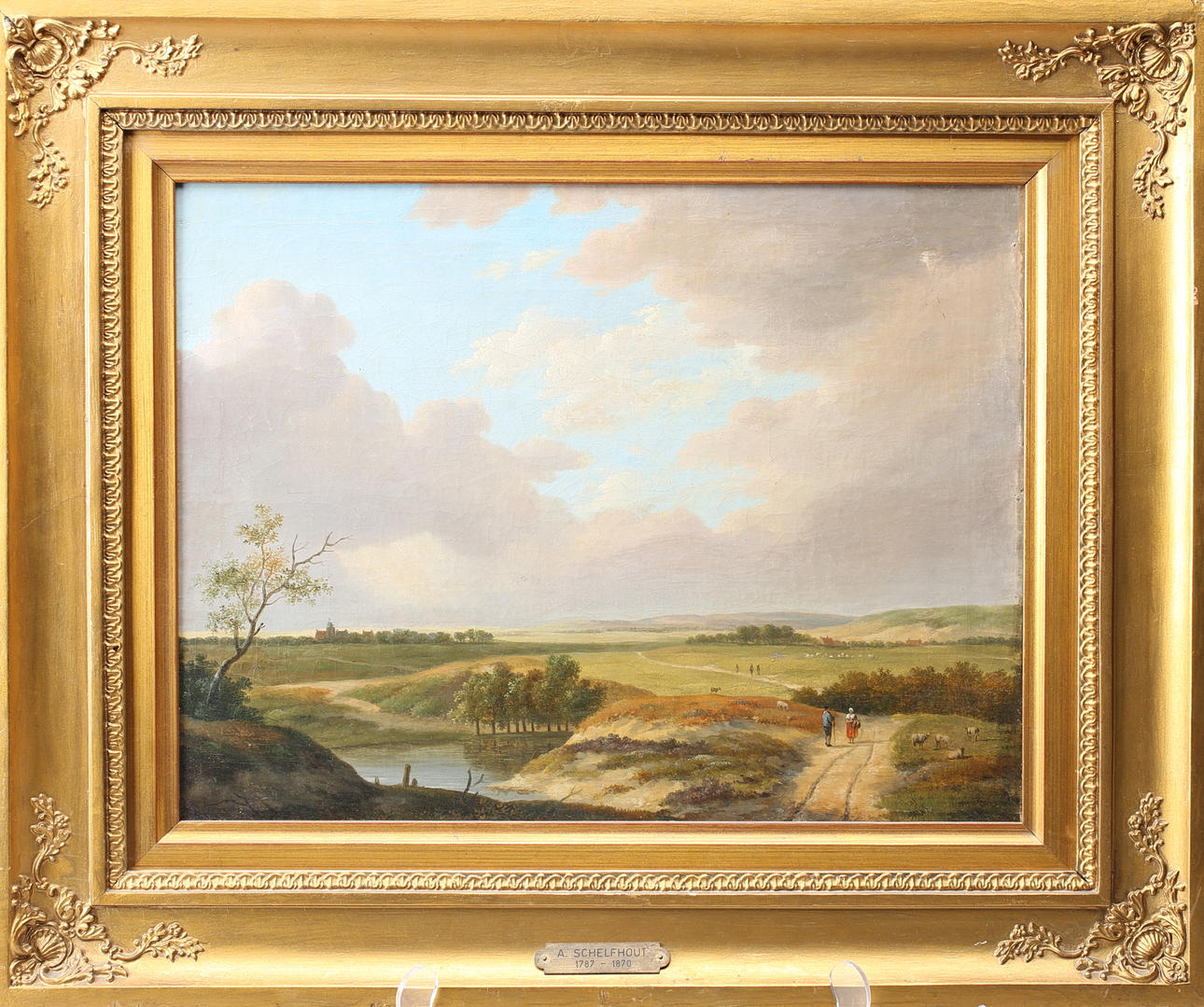 LANDSCHAFTSMALER. Brett holländskt landskap med bönder och boskap på en grusväg. olja/duk/träskiva. 1800-tal.