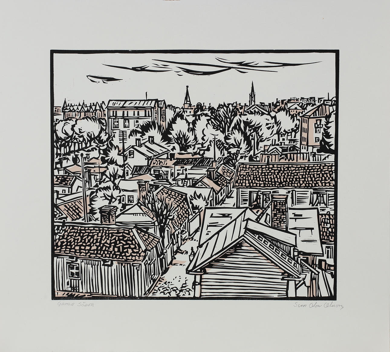 SVEN OLOW OLSSON. 5 graphic sheets and 1 watercolor, "Gamla Söder, Gävle", signed and numbered.