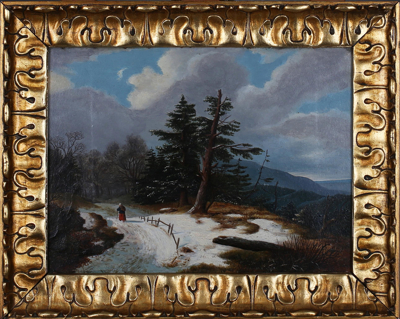 ANDREI EGOROV (rysk). Vinterlandskap med kvinna på väg. Olja på pannå. Osignerad.
