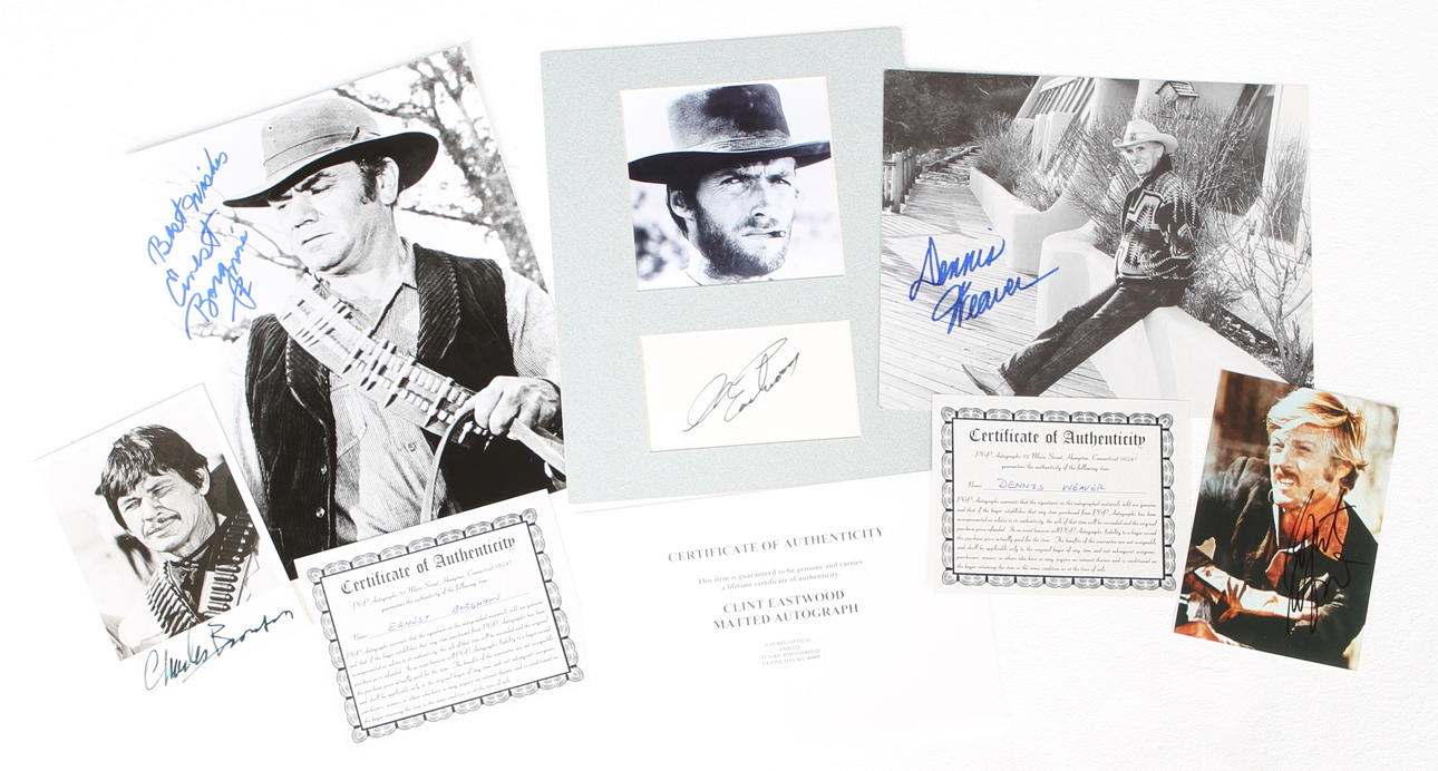 AUTOGRAFER, 5 st, Clint Eastwood, Dennis Weaver, Robert Redford, Charles Bronson, Ernest Borgnine.
