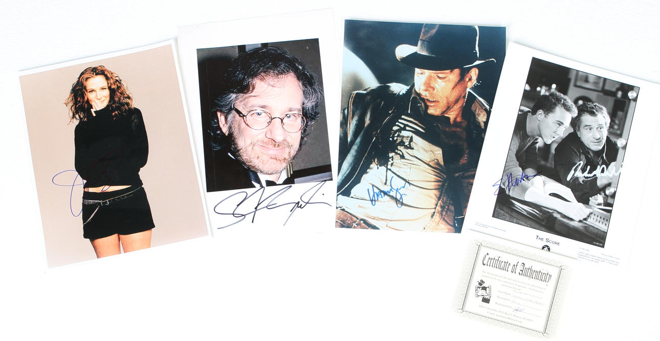 AUTOGRAFER, 5 st, Julia Roberts, Harrison Ford, Edward Norton, Robert De Niro, Steven Spielberg.
