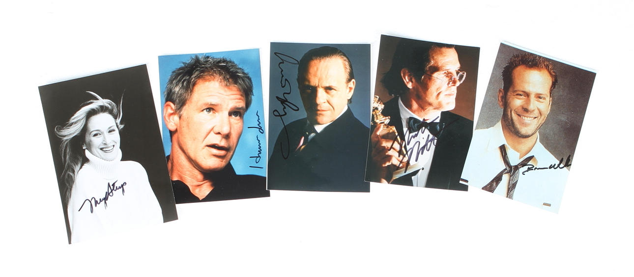 AUTOGRAFER, 5 st, Meryl Streep, Harrison Ford, Anthony Hopkins, Nick Nolte, Bruce Willis.