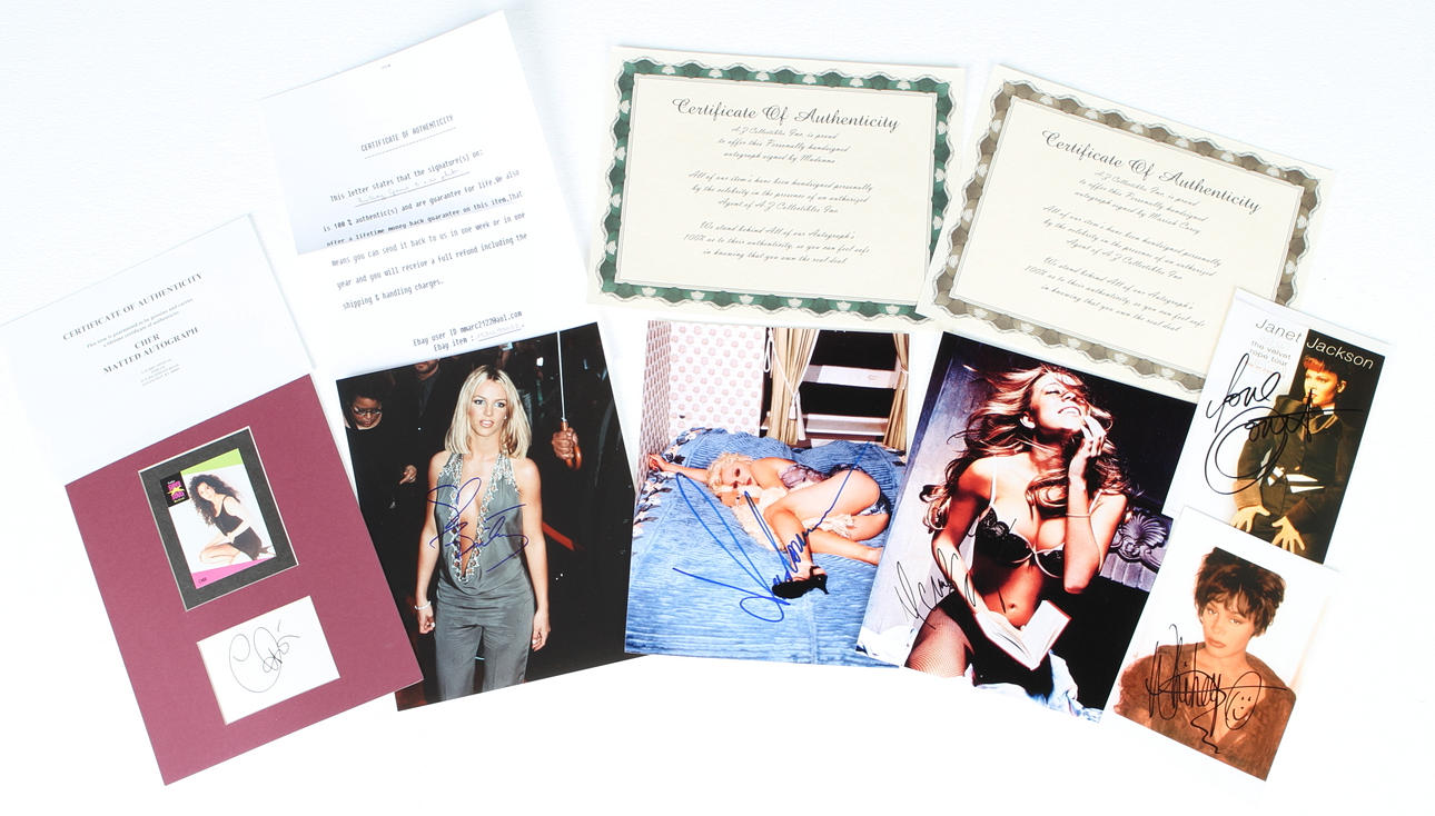 AUTOGRAFER, 6 st, Madonna, Janet Jackson, Brittney Spears, Mariah Carey, Cher, Whitney Houston.
