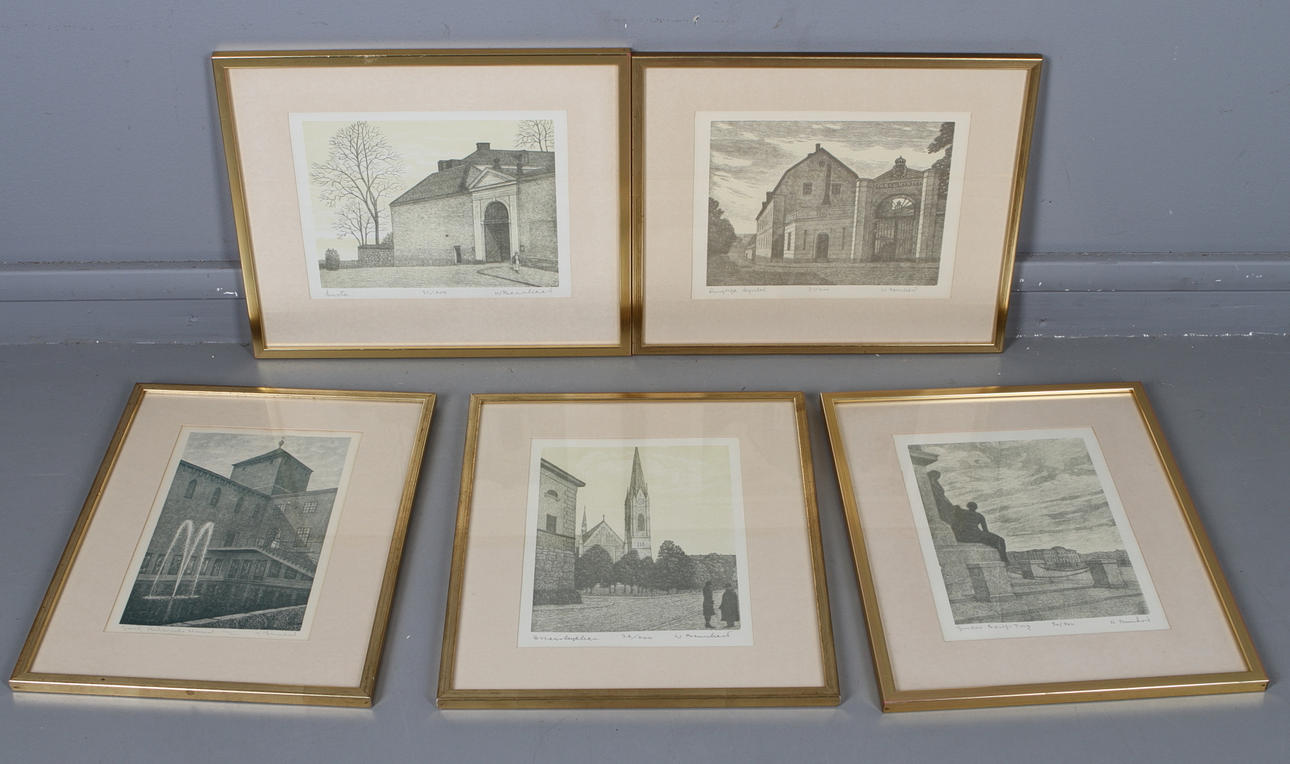 WALDEMAR BERNHARD. träsnitt, 5 st, Stockholmsmotiv, signerade samt numrerade.