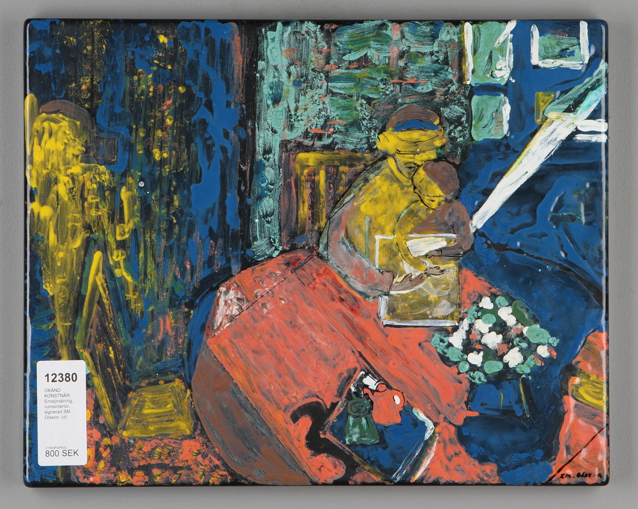 OKÄND KONSTNÄR. Emaljmålning, rumsinteriör, signerad SM. Olsson.
