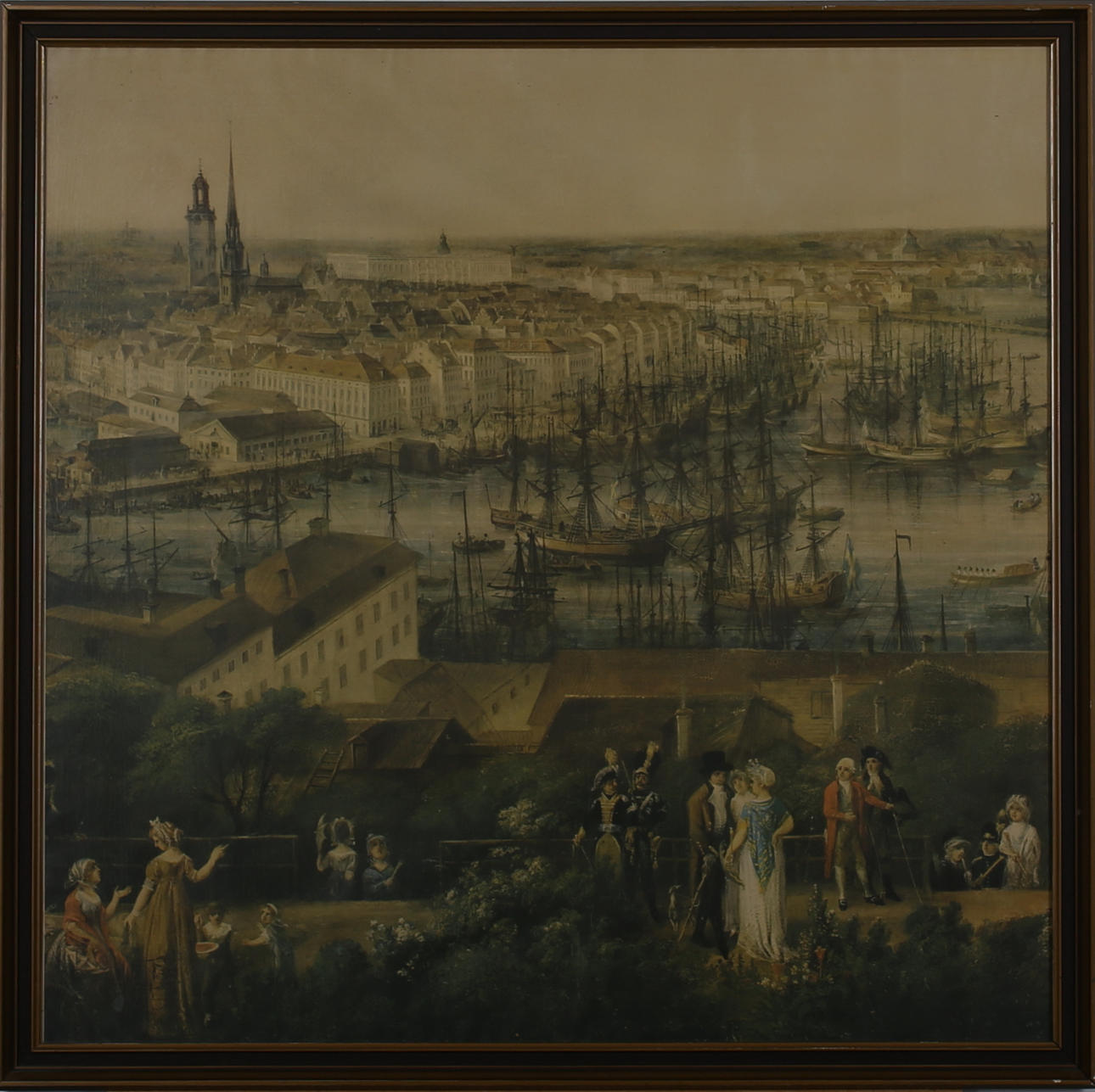 OKÄND KONSTNÄR. Flanörer på Mosebacke med Gamla stan i bakgrund. Offsettryck. Osignerad.