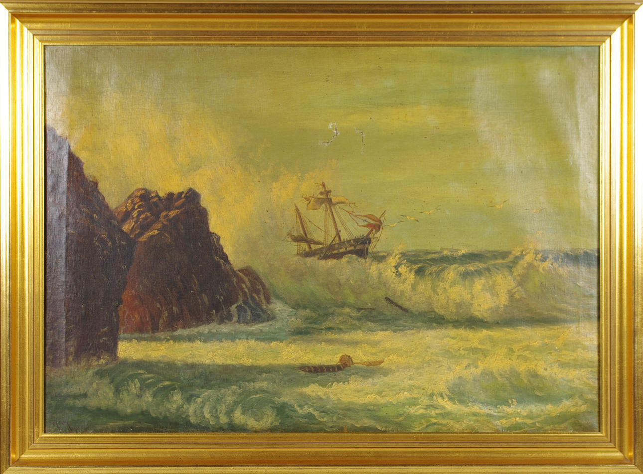 MONOGRAMSIGNERAD J.J. segelbåt i storm, olja på duk, 1800-tal.