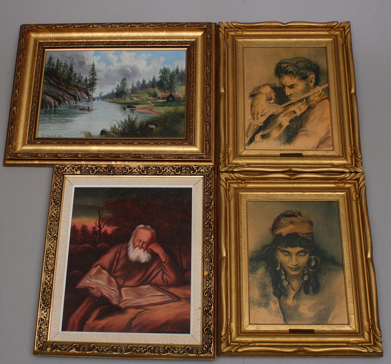 TAVLOR, 4 st, olja på duk / olja på pannå / oljetryck, signerade.