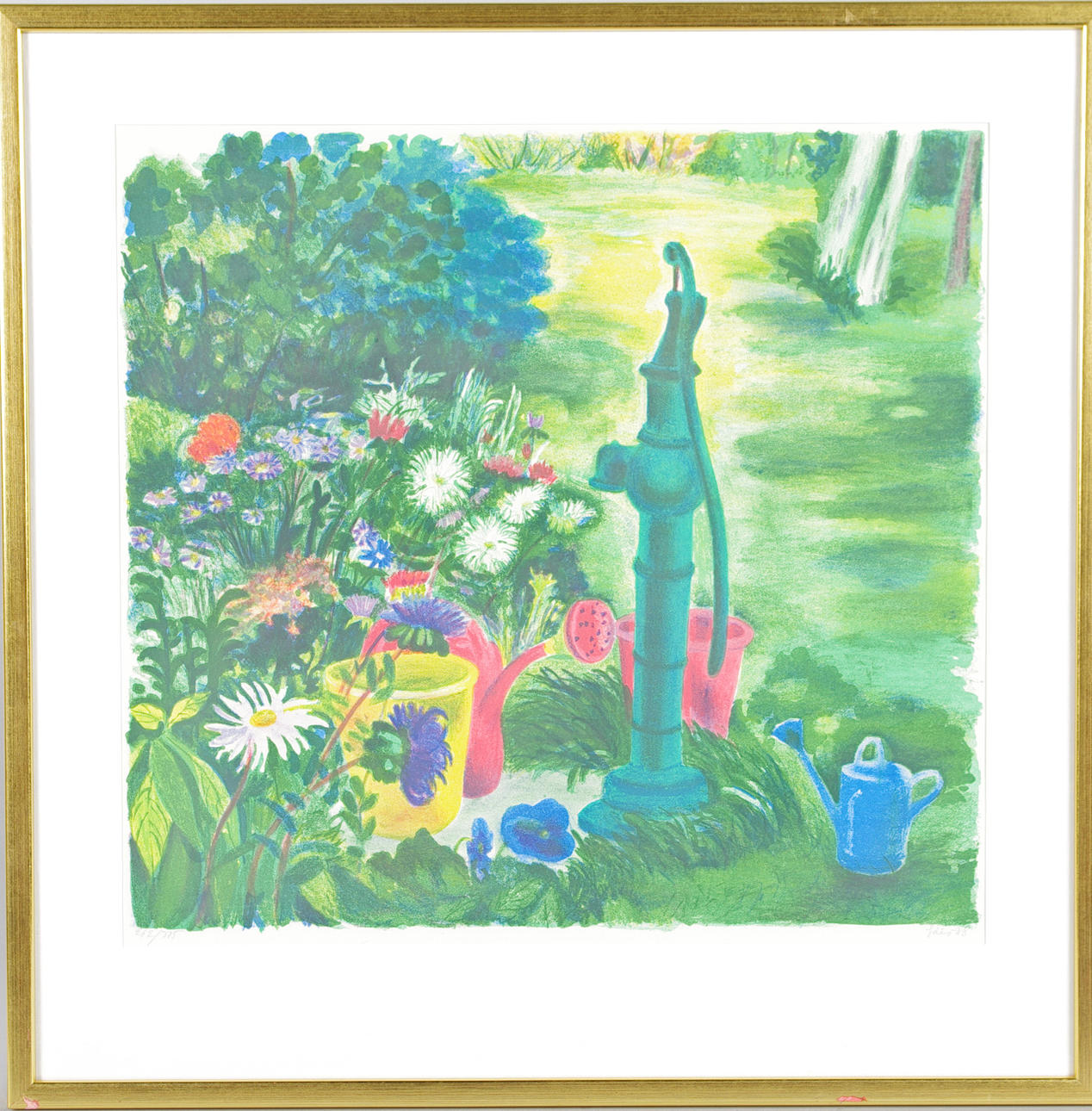 EVY LÅÅS. trädgård med vattenpump, färglitografi.