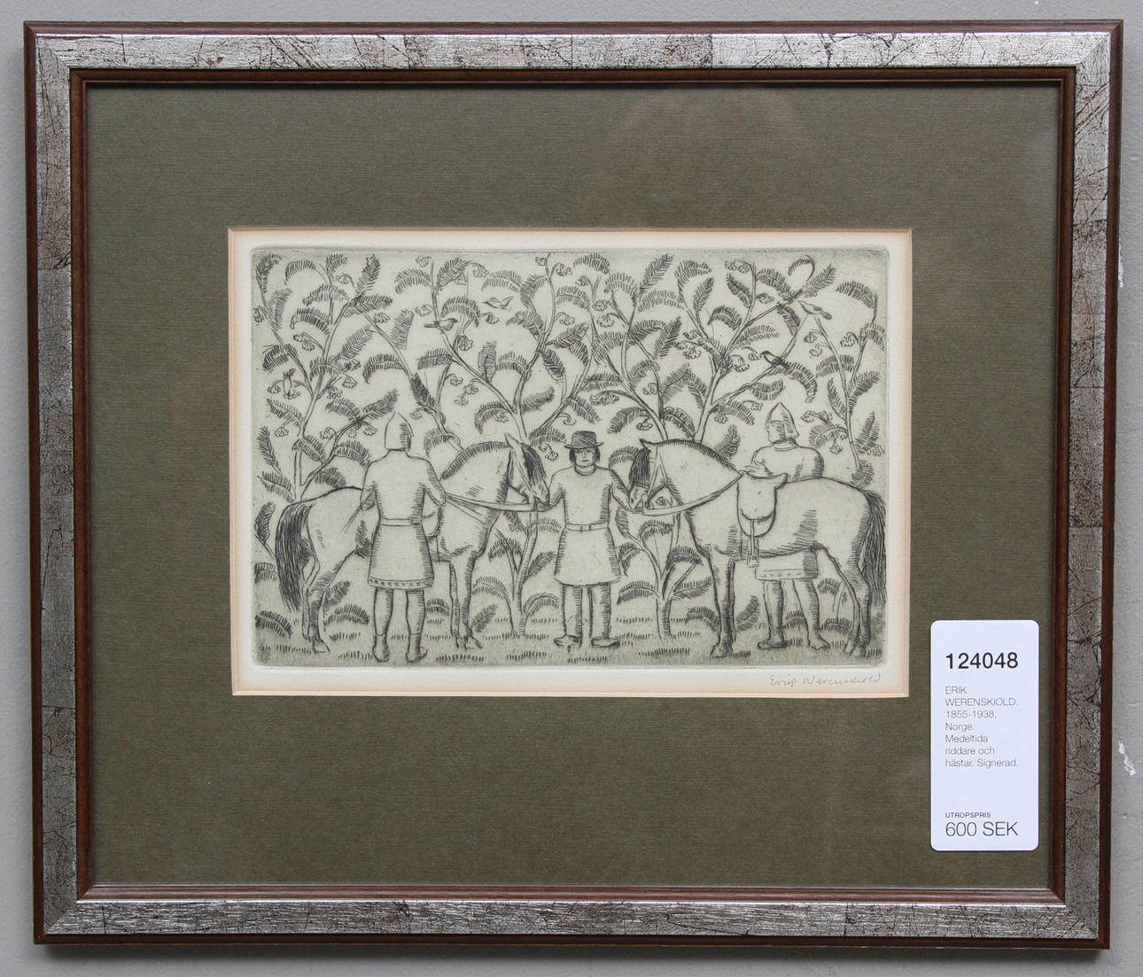 ERIK WERENSKIOLD. 1855-1938, Norge. Medeltida riddare och hästar. Signerad.