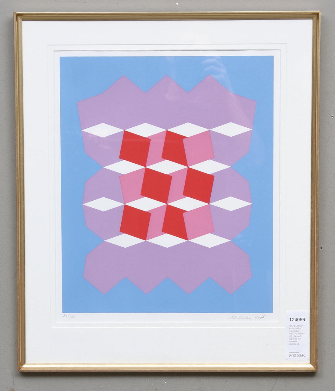 WILHELM WIK. Komposition med kuber i rosa, vitt, lila och rött. Serigrafi, signerad och numrerad 23/260.