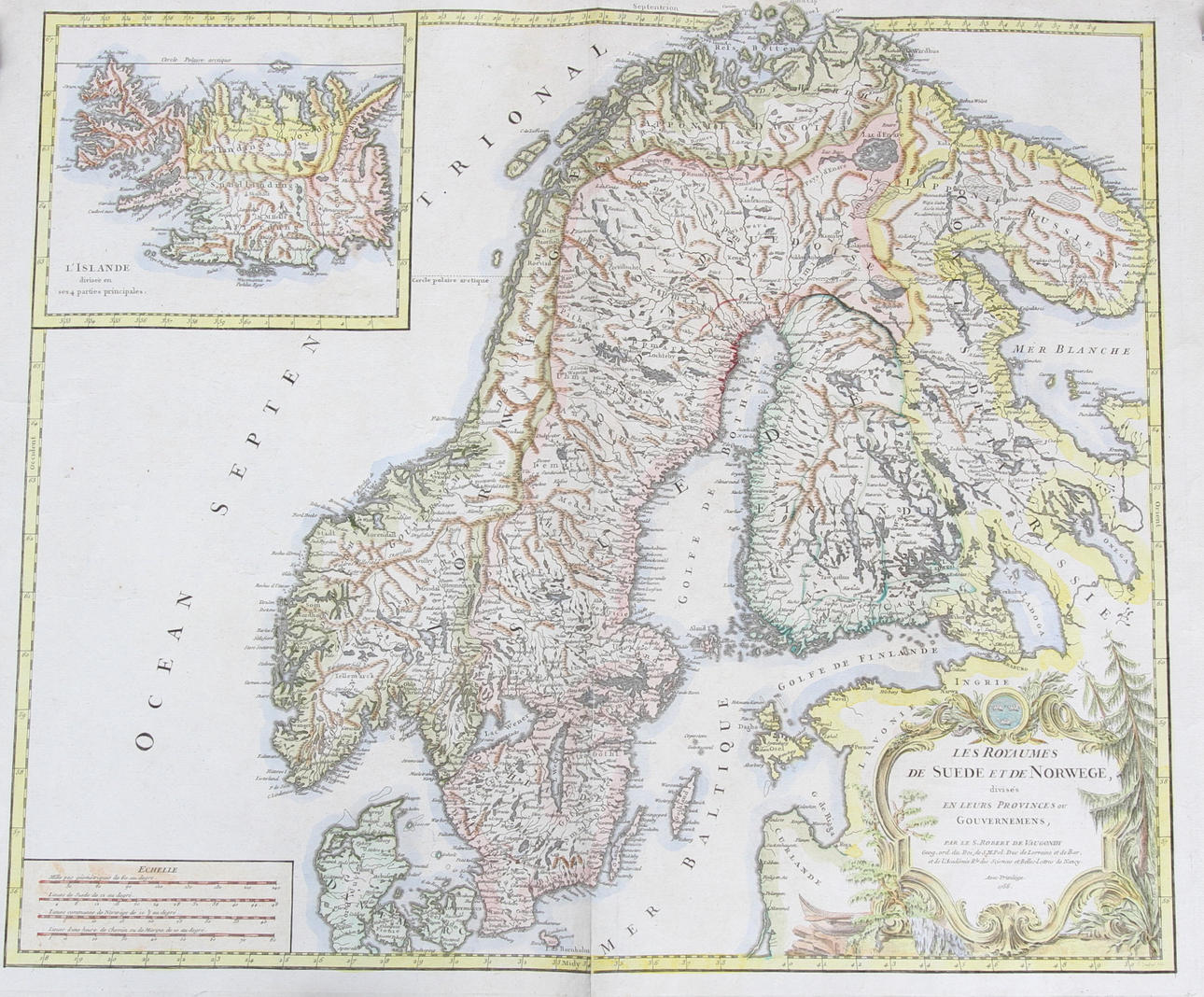 KARTA, handkolorerad etsning, "Les Royaumes de Suede et de Norwege", Robert de Vaugondy, 1756.