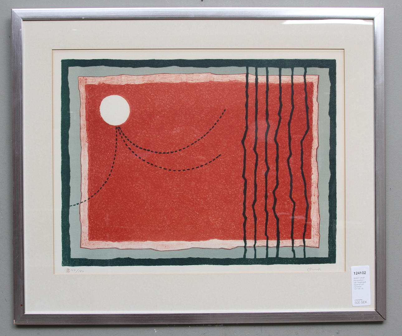 BENGT ORUP. Komposition i rött. Färglitografi. Signerad och numrerad 127/180.