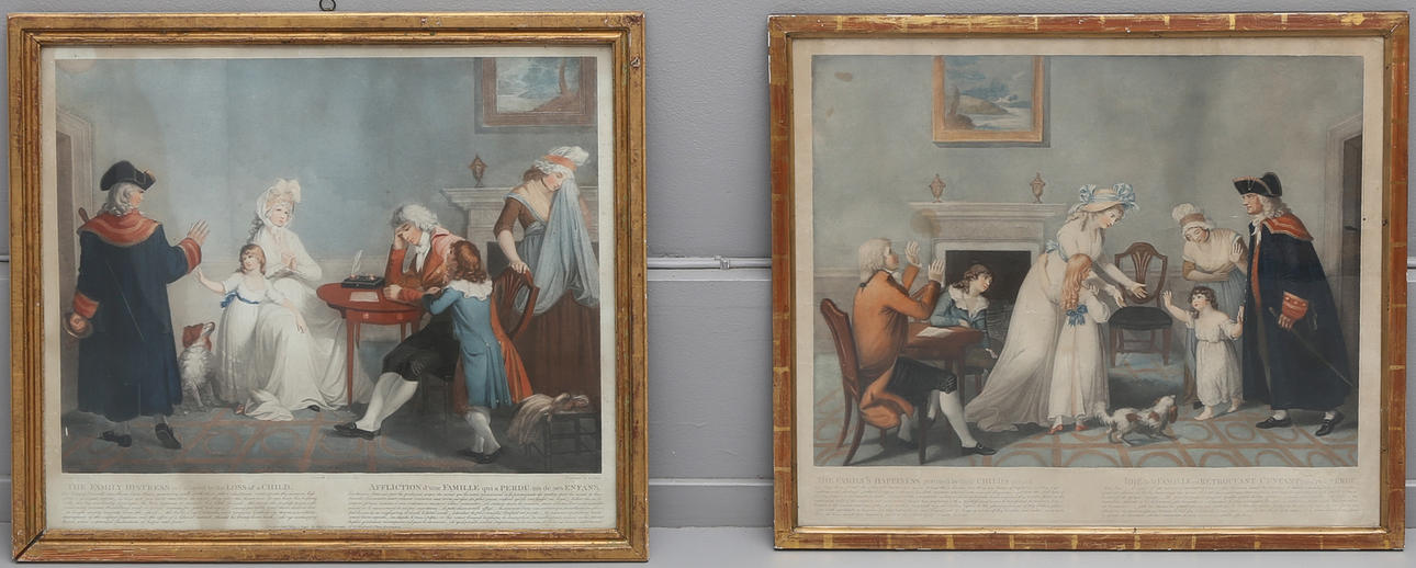 LAURENCE J COSSÉ, EFTER. COLORED ENGRAVINGS, A PAIR.