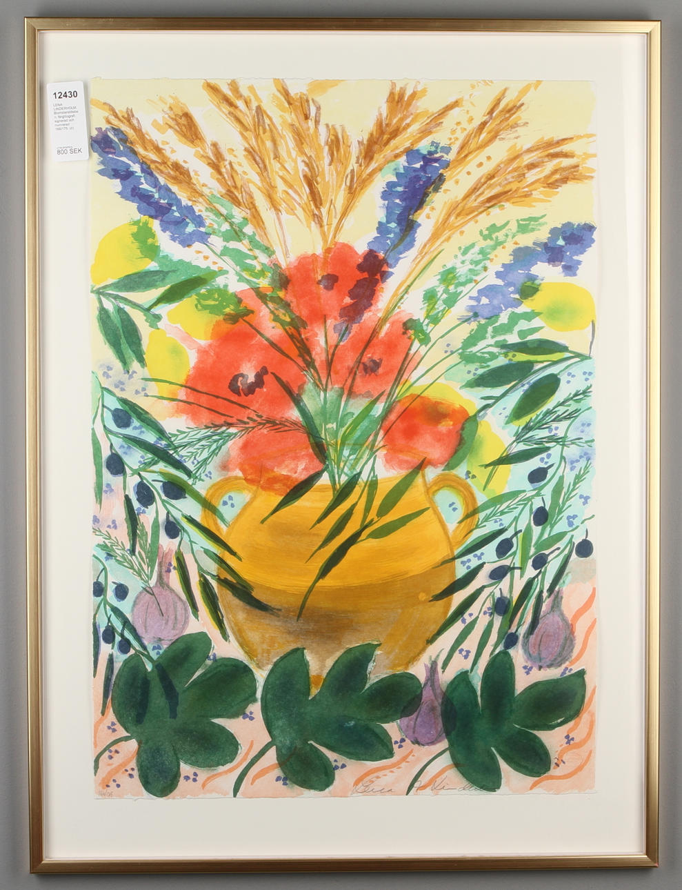 LENA LINDERHOLM. Blomsterstilleben, färglitografi, signerad och numrerad 166/175.